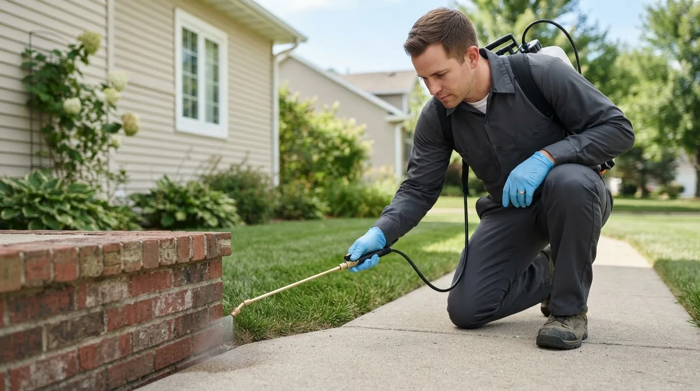 Pest control technician treating a home near Northfield, VT